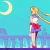 Pixelated image of a character with long blonde hair standing on a platform under a crescent moon against a teal background.
