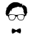 Pixelated black-and-white icon shows a stylized face with short hair, round eyeglasses, and a bow tie against white background.