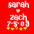 Red background with white text 'sarah', 'zach', and '7-5-09' above yellow plus signs, where the third plus sign from left is orange in one frame.