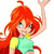 Pixelated character with long red hair, green eyes, yellow and light blue top, right arm raised in a wave gesture against white background.