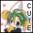 Animated contact sheet of a pixel art character with green hair and yellow accessories, displaying five sequential frames where the word "CUTE" alternates between black and brown text colors.
