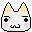 Pixel art cat head with two expressions: one with closed eyes and a small smile, the other with open eyes and a mouth. White fur, black outlines, pink cheeks, and yellow inner ears on gray background.