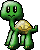 Green pixelated turtle with yellow shell in three poses: standing upright, slightly turned, and crouched with closed eyes.