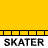 Animated contact sheet of a stick figure skater performing various actions across multiple frames on a yellow background with repeated "SKATER" text labels.
