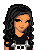 Pixel art contact sheet showing multiple frames of a female character with curly hair in various poses and expressions, including full-body views, close-ups, and text overlays.