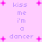 Pixelated text 'kiss me i'm a dancer' repeated with pink starbursts on light purple background, animated by shifting text positions.