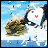 A pixelated character with long brown hair and a white face has red lips in one frame, blue lips in another, against a sky background.