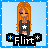 Pixel art of a character with long orange hair wearing a black jacket with a white star, standing against a light blue background with the word "Flirt" below.