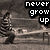 Pixelated grayscale image shows a figure holding a long object, with text reading 'never grow up' in white block letters on black rectangles.