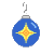 Static pixel art icon of a blue Christmas ornament with yellow-orange starburst design and silver cap, hanging from gray hook on light gray background.