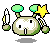 Pixel art character with green antennae and star-shaped eyes, holding a sword and star, in four sequential poses showing weapon and star movement.