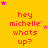 Yellow background with red text reading 'hey michelle whats up?' and scattered pink/orange stars, animated star movement.