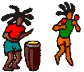 Pixelated animation of a figure with dark dreadlocks playing conga drums and maracas, alternating between red-shirted and green-shirted poses.