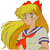 Pixelated anime-style character with long blonde hair and red bow, wearing sailor uniform with blue and white stripes and red accents, shown in five sequential poses.