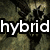 A pixelated image with a dark, textured background and bold white text reading "hybridtheory" overlaid across the center.