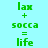 A static image displays a mathematical equation with green text on cyan background, where 'lax + socca = life' is repeated across three and two