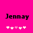 Pixelated text 'Jennay' on bright pink background with five white and one light pink heart symbols below.
