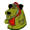 Pixelated cartoon dog in yellow coat with red scarf and cap, black ears, silver goggles on head, standing against gray background.