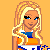 Pixel art cheerleader character in orange and blue uniform with pom-poms, displayed across multiple animation frames on a yellow background.