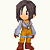 Pixelated character in orange overalls and light blue shirt with brown boots, shown in multiple poses with changing facial expressions and arm positions.