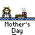 Animated contact sheet of a pixel art character yawning at a desk with coffee, transitioning to holding a pink card with heart for Mother's Day.