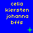 Blue background with yellow text reading 'celia kiersten johanna bffs' repeated in a , green plus and cross symbols appear at different positions across frames
