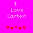 Pixelated text "I Love Carter!" on bright pink background with red and pink heart symbols below.