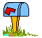 Blue mailbox with red flag, yellow post, green grass base, brown dirt patches, and pink flowers, animated with mailbox flag movement and object emergence.