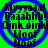 A static digital image with a bright green background and blue concentric circles, displaying repeated text in black pixelated font.