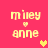 Pixelated text 'mikey anne' with a small heart above the name on a pink background, accompanied by additional hearts in different positions.