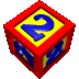 red cubes with yellow faces displaying blue number 2s, each cube rotated to show different visible sides against a gray background