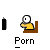 Pixelated character in yellow shirt sits at brown desk, performing actions with black object while text "Porn" appears below.