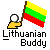 Pixelated icon shows a yellow hand holding a brown flagpole with yellow-green-red horizontal stripes, below text reading 'Lithuanian Buddy' on gray background.