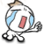 A cartoon character with a white body, blue stripes, and brown crown-like top stands in walking pose holding red rectangle.