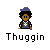 Pixel art character with dark skin, afro hair, blue cap, and gray jacket holding white object; text "Thuggin" below on light gray background.
