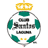 Static pixel art of a circular emblem with green laurel leaves, gray border, and golden crown atop. Central text appears in dark gray on white background.