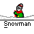 A 4x4 contact sheet of pixel art frames showing a snowman-building animation with consistent text labels beneath each frame.