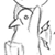 Pixelated grayscale icon of a stylized character with long hair and an open mouth, standing in front of a vertical pole or structure.