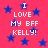 Red background with blue stars and white text reading "I LOVE MY BFF KELLY!" in pixelated font.