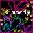Pixelated icon with 'Kimberly' text over abstract floral patterns in magenta, cyan, green, and yellow on black background.