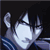 Pixelated anime-style character with dark hair and blue clothing, split into two sections showing different poses against a black background.