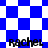 Blue and white checkered background with four instances of the name 'Rachel' in black pixelated text arranged in a pattern