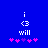 Blue background with white text 'i', '<3', and 'will' above pink and purple asterisk-like symbols, two identical frames side-by-side.