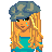 Pixel art contact sheet of a blonde female character with blue top and gray beret across multiple frames showing body parts, text fragments, and animation changes.