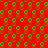 Red background with repeating green and brown pixelated shapes forming a pattern