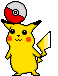 Yellow cartoon character with red cheeks, black-tipped ears, and a white-tipped tail holds a yellow flag while balancing a red-and-white Poké Ball on its head against gray background.