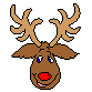Pixelated reindeer head with brown fur, red nose, blue eyes, and light brown antlers on gray background.