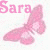 Two side-by-side pixelated images of a pink butterfly with the name 'Sara' above it, one in pink text and the other in cyan.