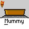 A 4x4 contact sheet of pixel art frames showing a mummy character emerging from a sarcophagus with changing speech bubbles and poses, each frame featuring the word "Mummy" below it.