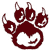 Maroon paw print icon with white negative space forming a heart shape inside the pad, four rounded toes with small curved claws, and a stylized tail curling around the bottom right.